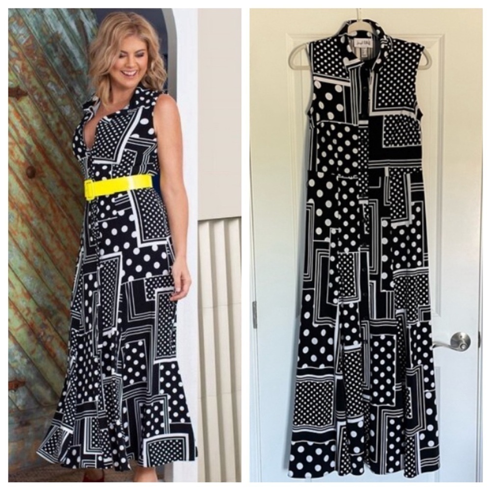 Joseph Ribkoff Black White Polka Dot Shirt Maxi Dress 29579